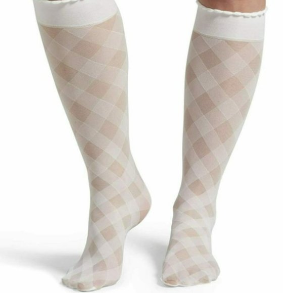 HUE Diagonal Gingham Sheer Fashion Knee Hi Socks One Size White - Picture 2 of 5